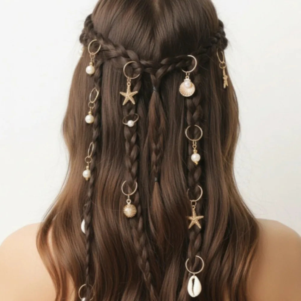 Bohemian Sea Star Shell Pearl Hair Rings – 10pcs Dreadlock Beads Hair Rings Set PLUSH 10Pcs