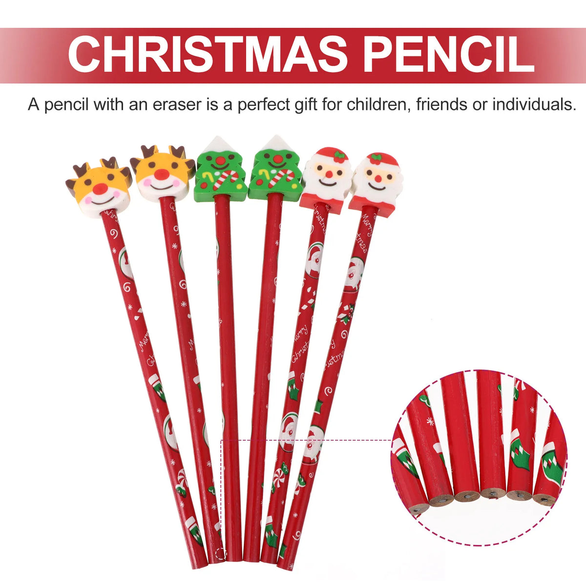 6pcs Christmas Cartoon Wooden Pencils with Eraser – Kids Gift Novelty Pencil Set PLUSH