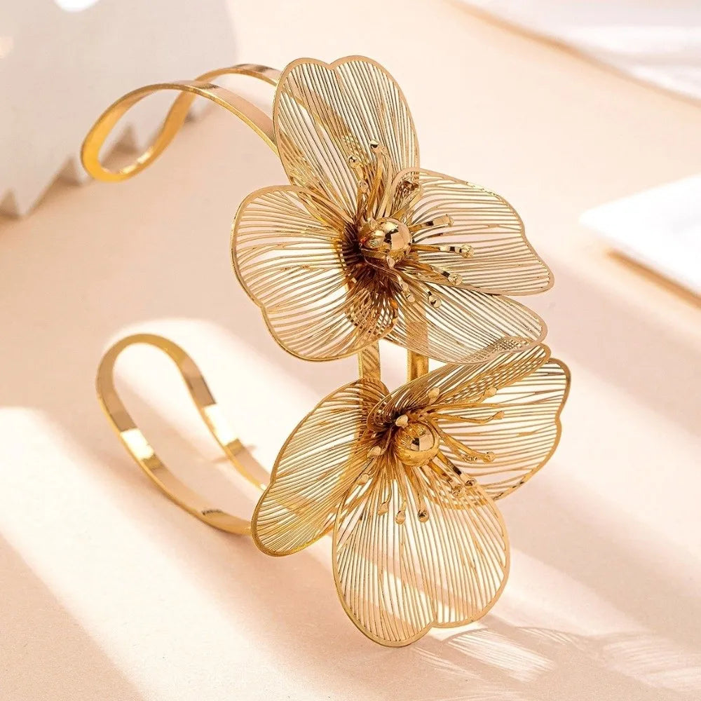 Vintage Hollowed Floral Gold Bangle – Open Arm Cuff Bracelet Floral Cuff Bracelet PLUSH