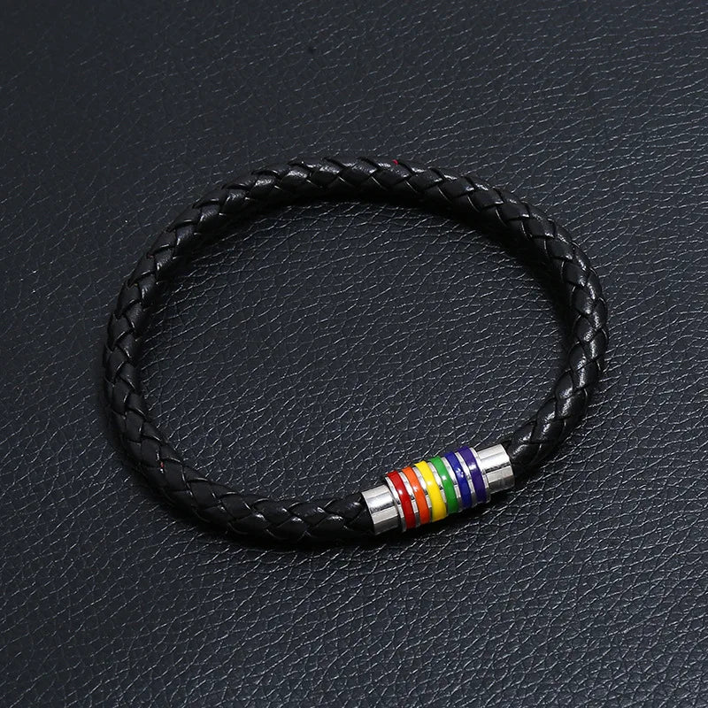 Rainbow Braided Leather Bracelet – Magnetic Buckle Unisex Bangle Leather Charm Bracelet PLUSH
