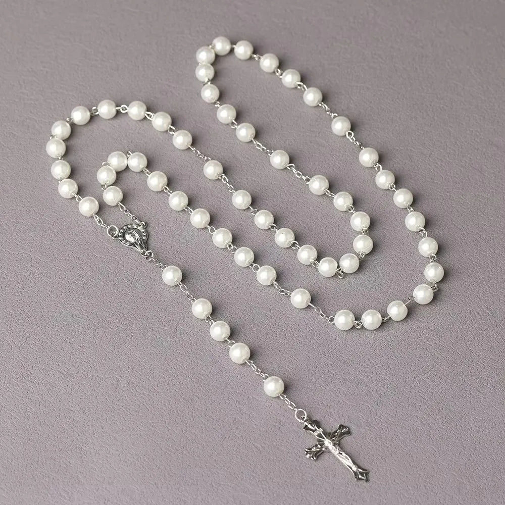 Vintage Cross Pendant Necklace | Faux Pearl Glass Bead Rosary Pendant Necklace PLUSH