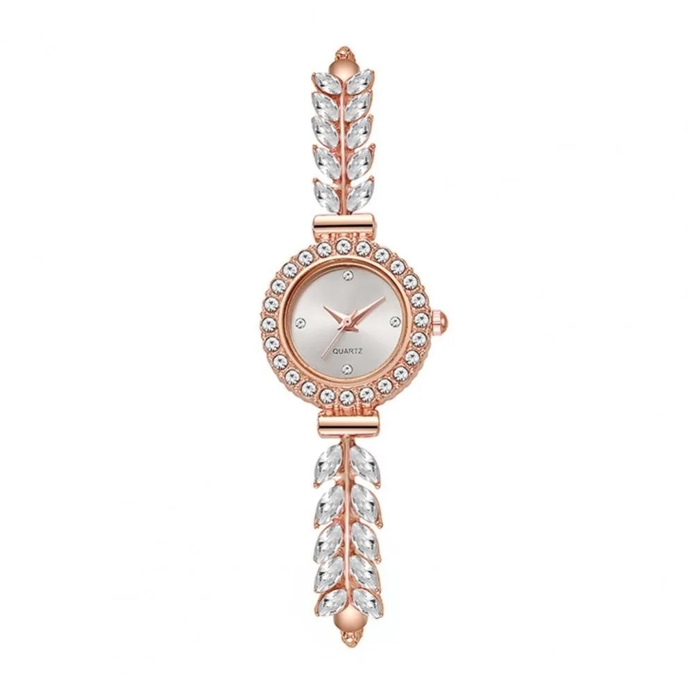 Women's Slim Rhinestone Leaf Quartz Watch – Adjustable Strap Women's Fashion Watch PLUSH White