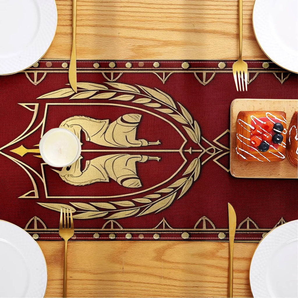 Retro Heraldic Double Horse Table Runner – Red & Gold Decorative Table Runner PLUSH