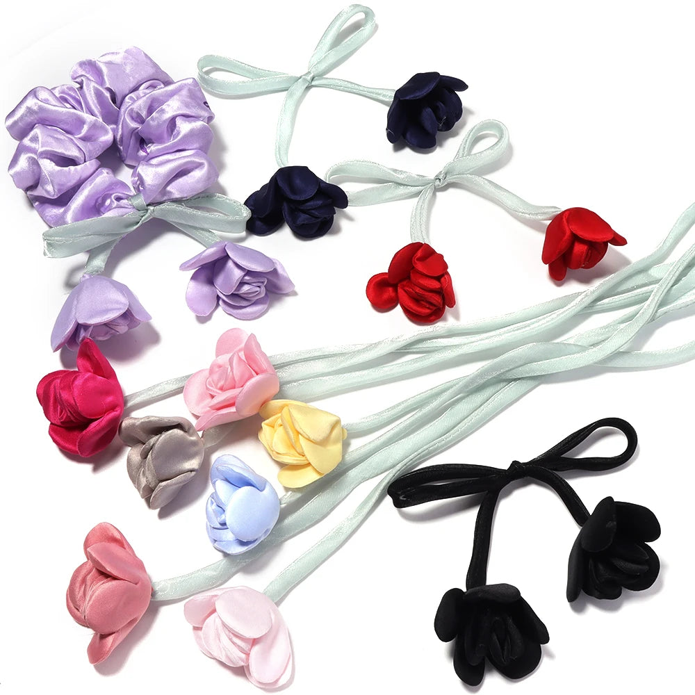 5pcs Satin Ribbon Rose Flower Strings – DIY Hair & Craft Decor Ribbon Flower Trim PLUSH