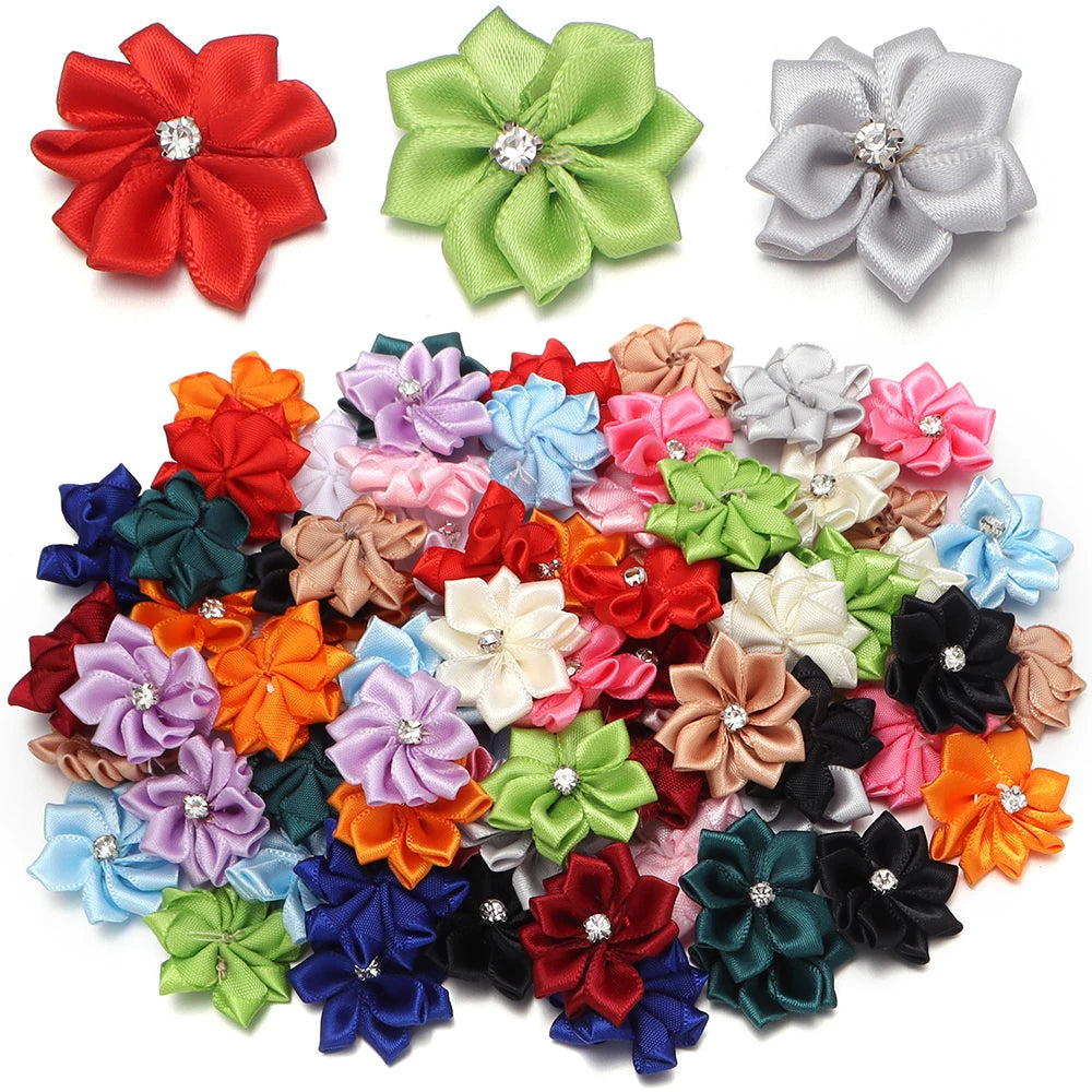 10pcs 3cm Satin Ribbon Flowers Rhinestone 9-Petal DIY Craft Fabric Flower Appliqué PLUSH