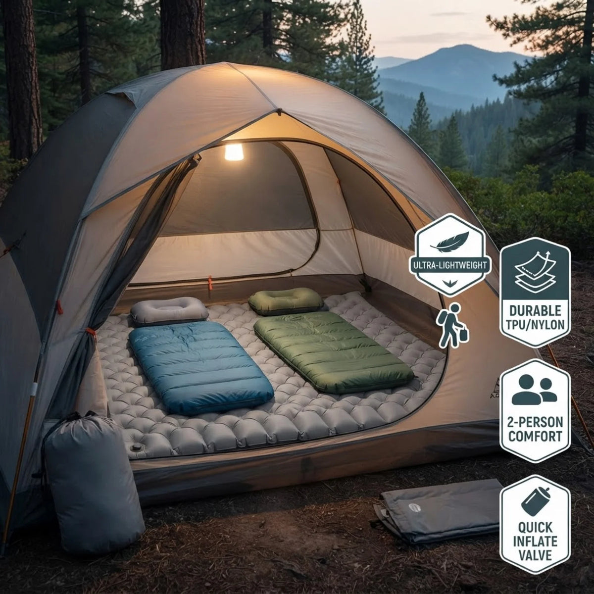 Ultralight Inflatable Double Camping Mat – Nylon TPU Sleeping Pad Inflatable Sleeping Pad PLUSH