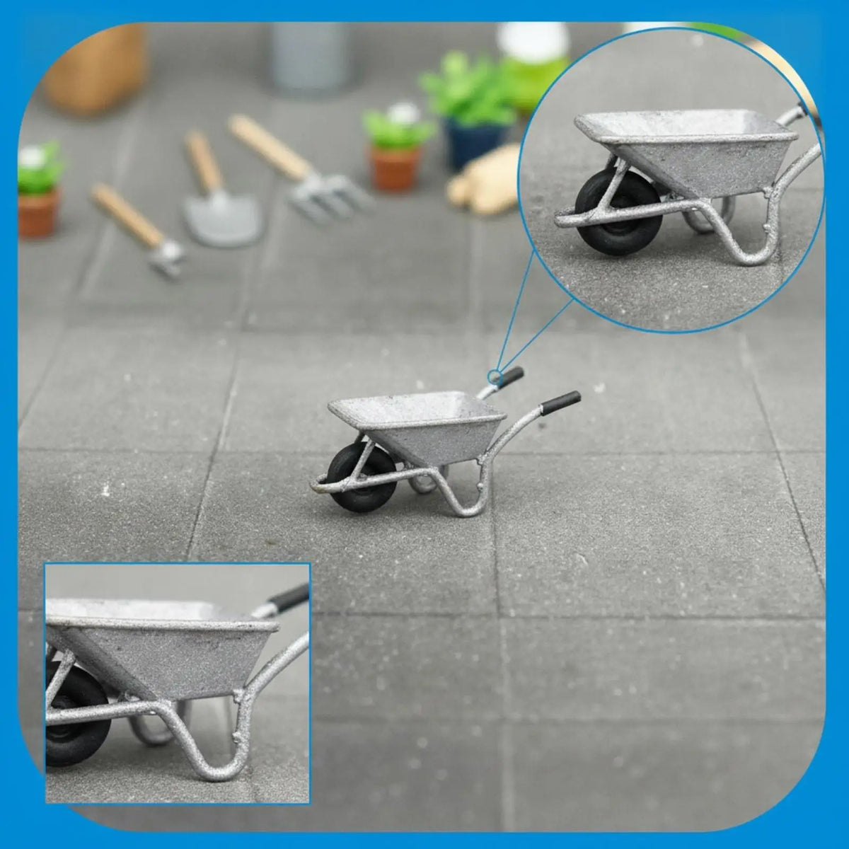 1/64 Scale Miniature Blue Resin Wheelbarrow – Diorama Prop Miniature Scale Model PLUSH