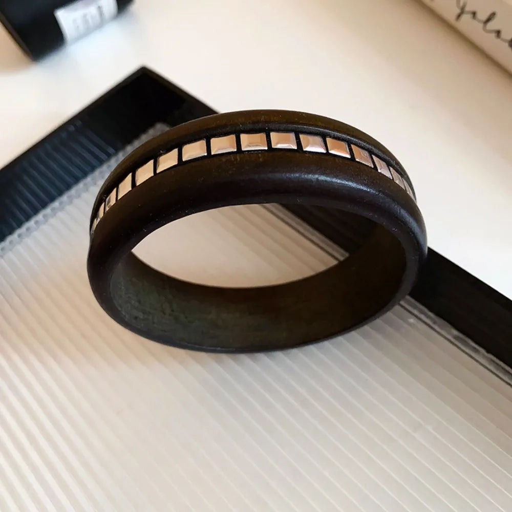 Chinese Style Wooden Bangle – Punk Y2K Wide Rivet Bracelet Wooden Bangle Bracelet PLUSH Style A