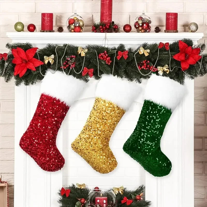 Large Flip Sequin Christmas Stockings – Fireplace Holiday Decor Christmas Stocking PLUSH