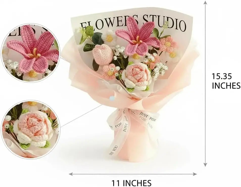 Knitted Crochet Flower Bouquet – Artificial Rose & Carnation Gift Crochet Flower Bouquet PLUSH