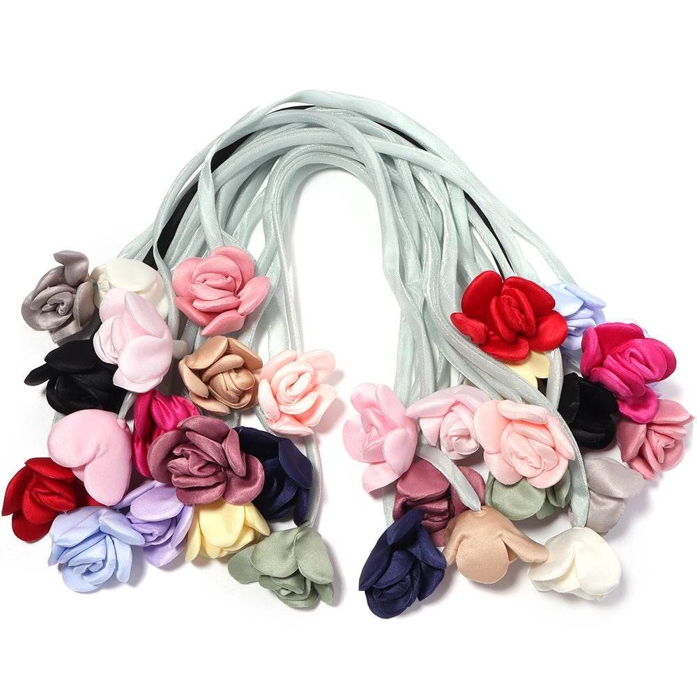 5pcs Satin Ribbon Rose Flower Strings – DIY Hair & Craft Decor Ribbon Flower Trim PLUSH mixed