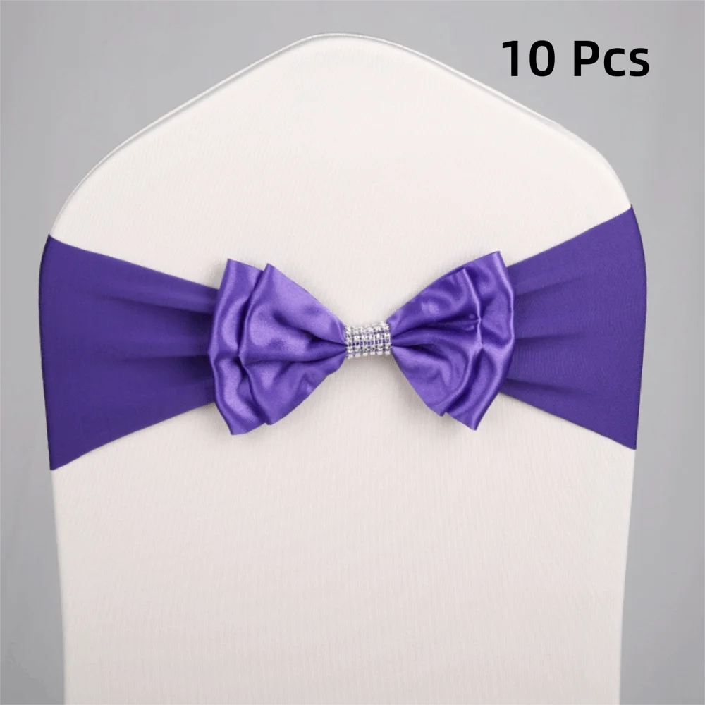 10pcs Satin Bow Chair Sashes – Elastic Spandex, No-Tie Chair Sash Bows PLUSH Purple