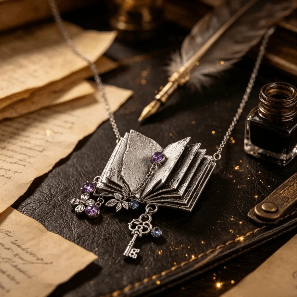 Antique Book Pendant Necklace – Floral Leaf Key Charm Pendant Necklace PLUSH