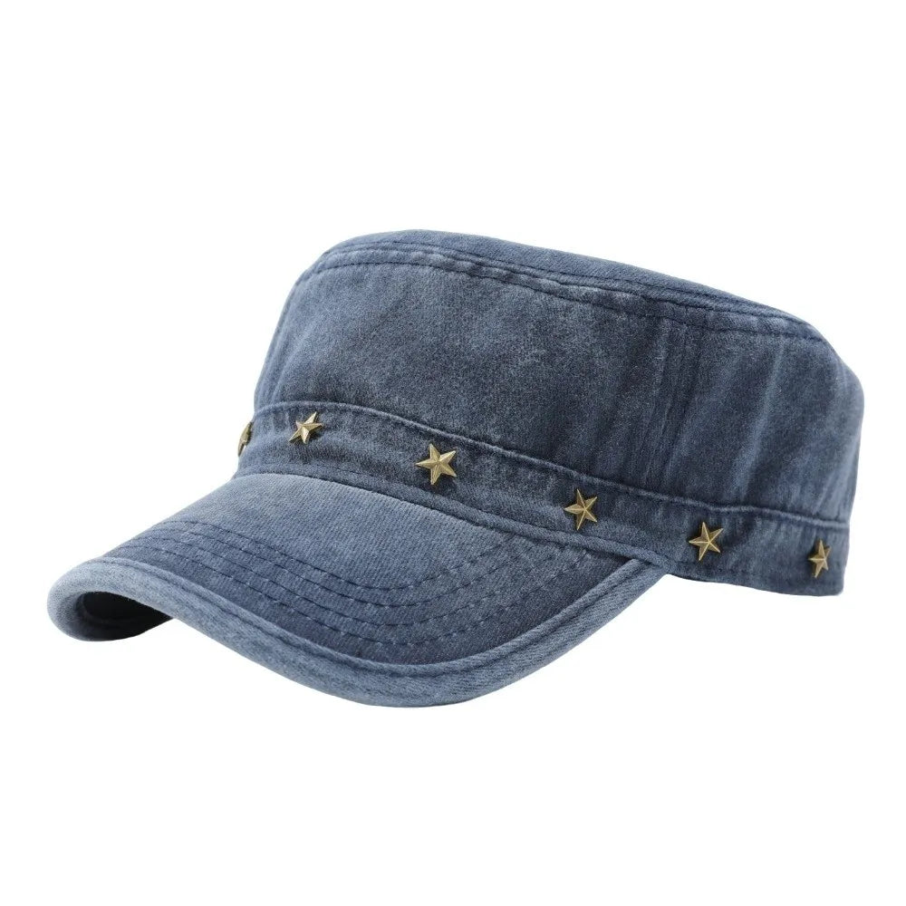 Washed Denim Flat Top Duckbill Cap – Retro Metal Rivet Hat Flat Top Cap PLUSH Dark Blue