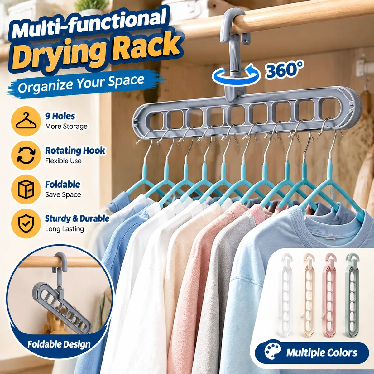Foldable 9-Hole Closet Organizer Hanger – Space Saving Rack Closet Organizer Hanger PLUSH