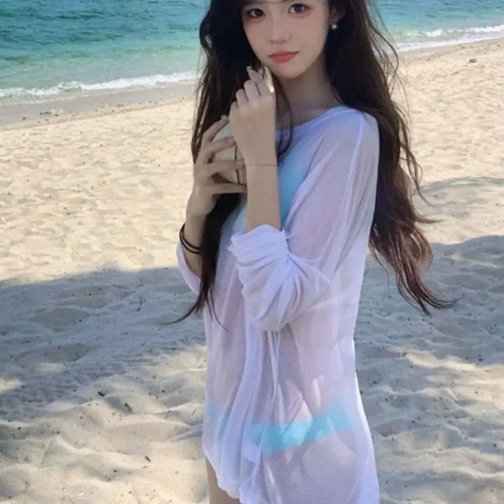 Bikini Cover Up Sheer Loose T-Shirt – Oversize Beach Pullover Beach Cover-Up Shirt PLUSH