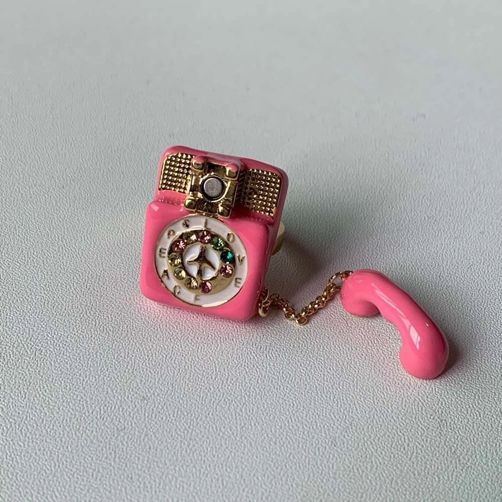 Vintage Enamel Telephone Ring | Magnetic Open Split Alloy Ring Enamel Fashion Ring PLUSH Pink