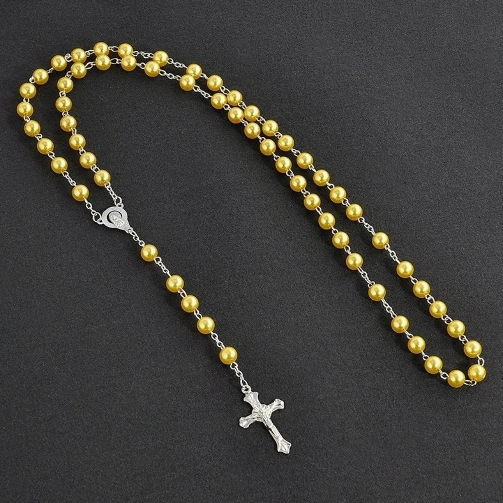 Vintage Cross Pendant Necklace | Faux Pearl Glass Bead Rosary Pendant Necklace PLUSH Yellow