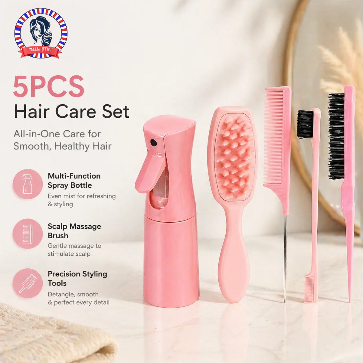 5-Piece Pink Hair Care Set – Spray Bottle, Brush & Combs Hair Styling Kit PLUSH