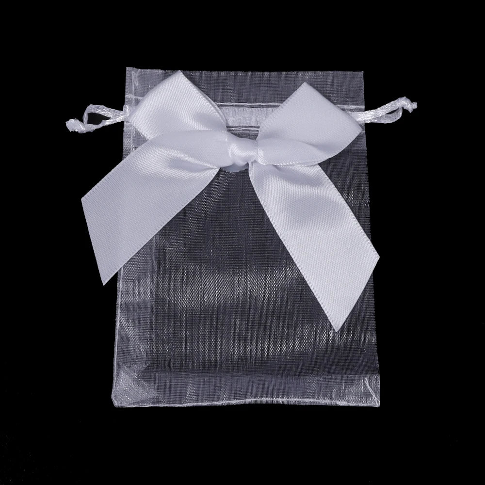5pcs Bow Organza Drawstring Gift Bags – Wedding & Party Organza Gift Bags PLUSH white 9x12cm