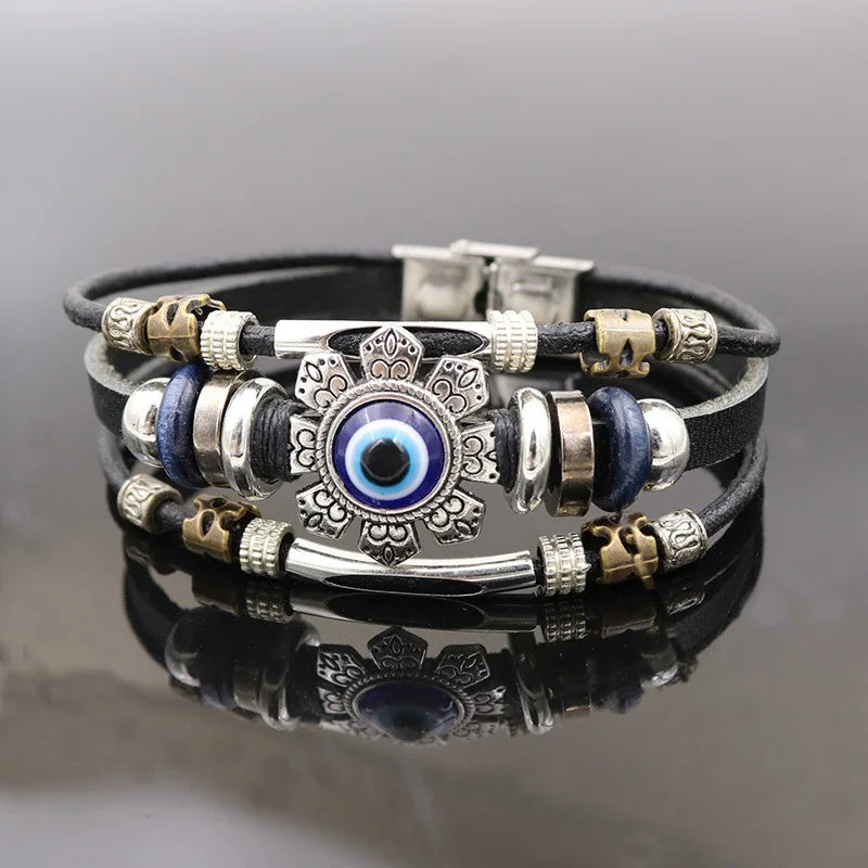 Evil Eye Turkish Multilayer Black Leather Bracelet for Men Leather Charm Bracelet PLUSH