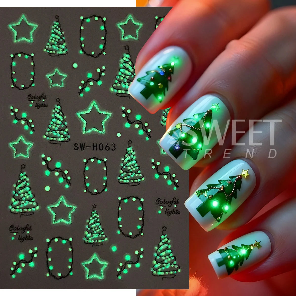 Glow in the Dark Christmas Nail Stickers – Xmas Tree Decals Nail Art Stickers PLUSH