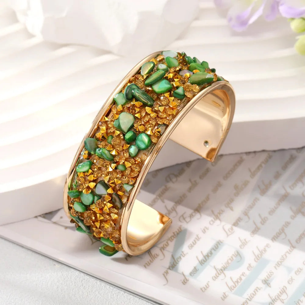 Bohemian Wide Open Cuff Bangle – Rhinestone Stone Bracelet Cuff Bangle Bracelet PLUSH Green