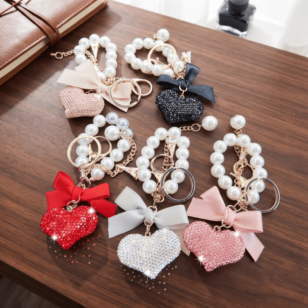 Pearl Bowknot Heart Keychain – Handmade Alloy Bag Charm Bag Charm Keychain PLUSH