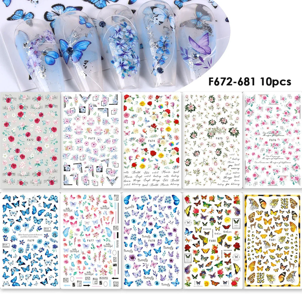 10pcs 3D Butterfly Nail Art Stickers – Holographic Floral Decals Nail Art Stickers PLUSH F672-681 10pcs