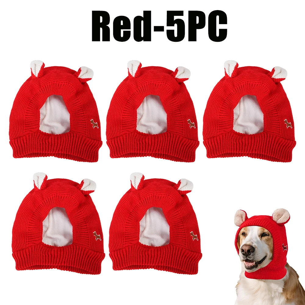 Winter Knitted Ear Muffs & Neck Warmer Hat for Dogs & Cats Pet Winter Hat PLUSH Red-5PC