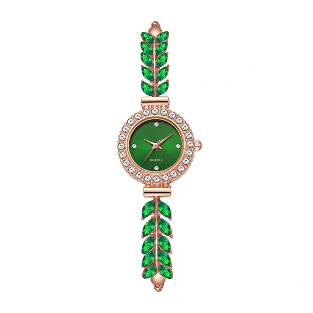 Women's Slim Rhinestone Leaf Quartz Watch – Adjustable Strap Women's Quartz Watch PLUSH Green