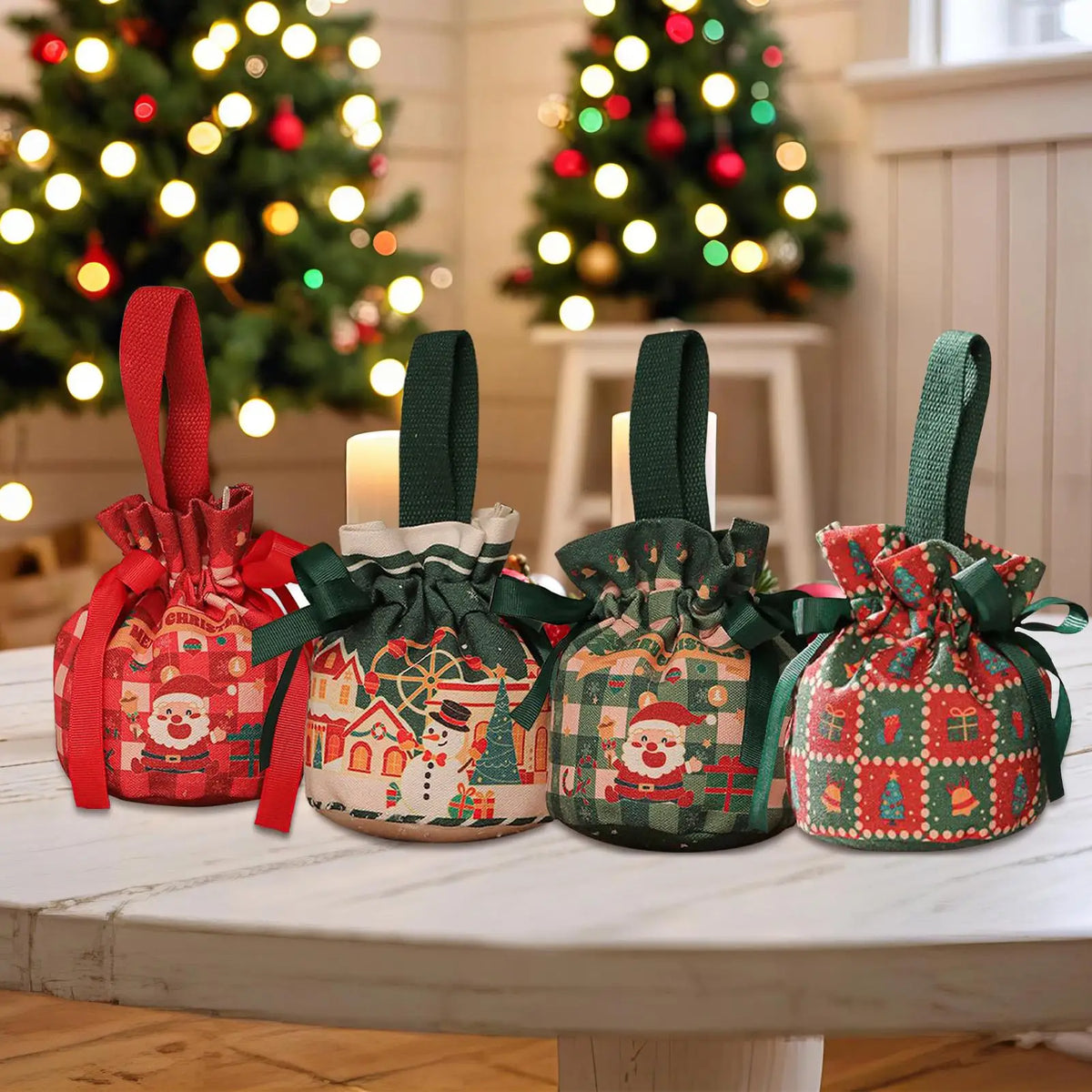 Christmas Drawstring Candy Bags | Cotton Holiday Gift Pouches Holiday Gift Bags PLUSH