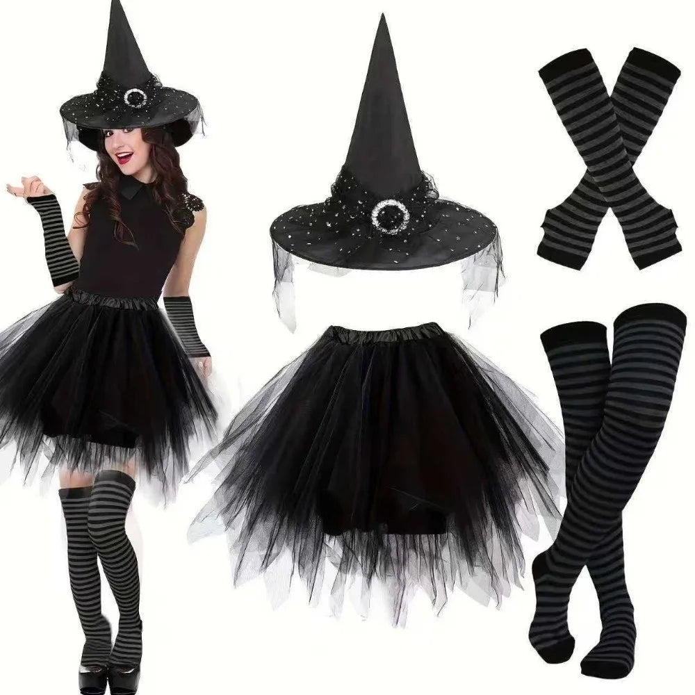 Halloween Witch Costume Set – Tutu Skirt, Hat & Striped Socks Halloween Costume Set PLUSH One Size 4pcs Black