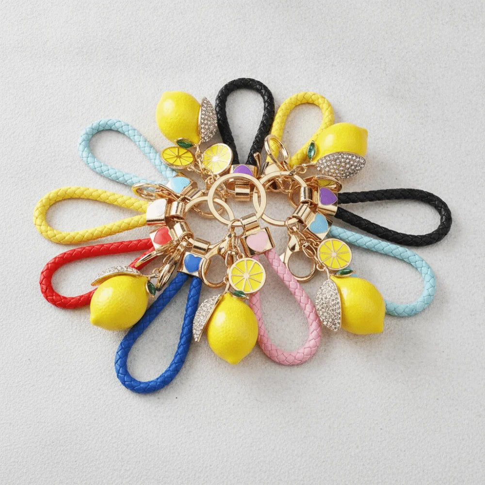 Lemon Keychain Rhinestone Leaf Charm & Braided Rope Strap Fashion Keychain PLUSH