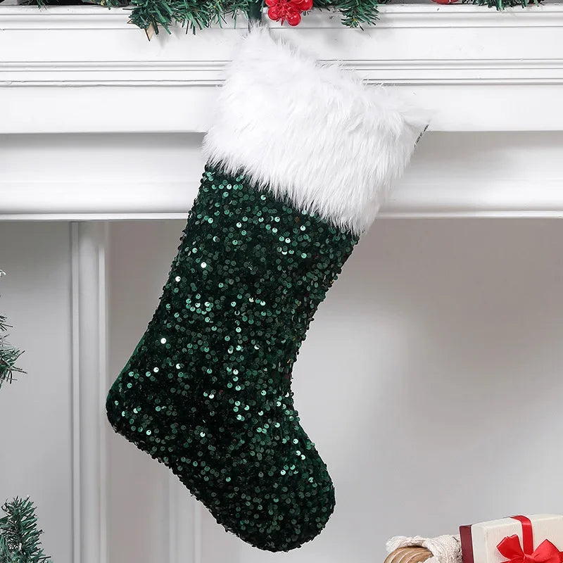Large Flip Sequin Christmas Stockings – Fireplace Holiday Decor Christmas Stocking PLUSH 27x42cm Green-1PCS