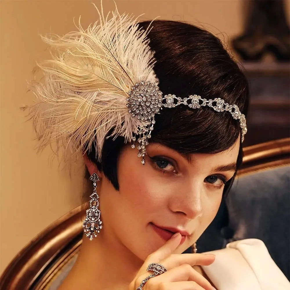1920s Feather Headband Crystal Rhinestone Bridal Hair Band Feather Hair Headband PLUSH
