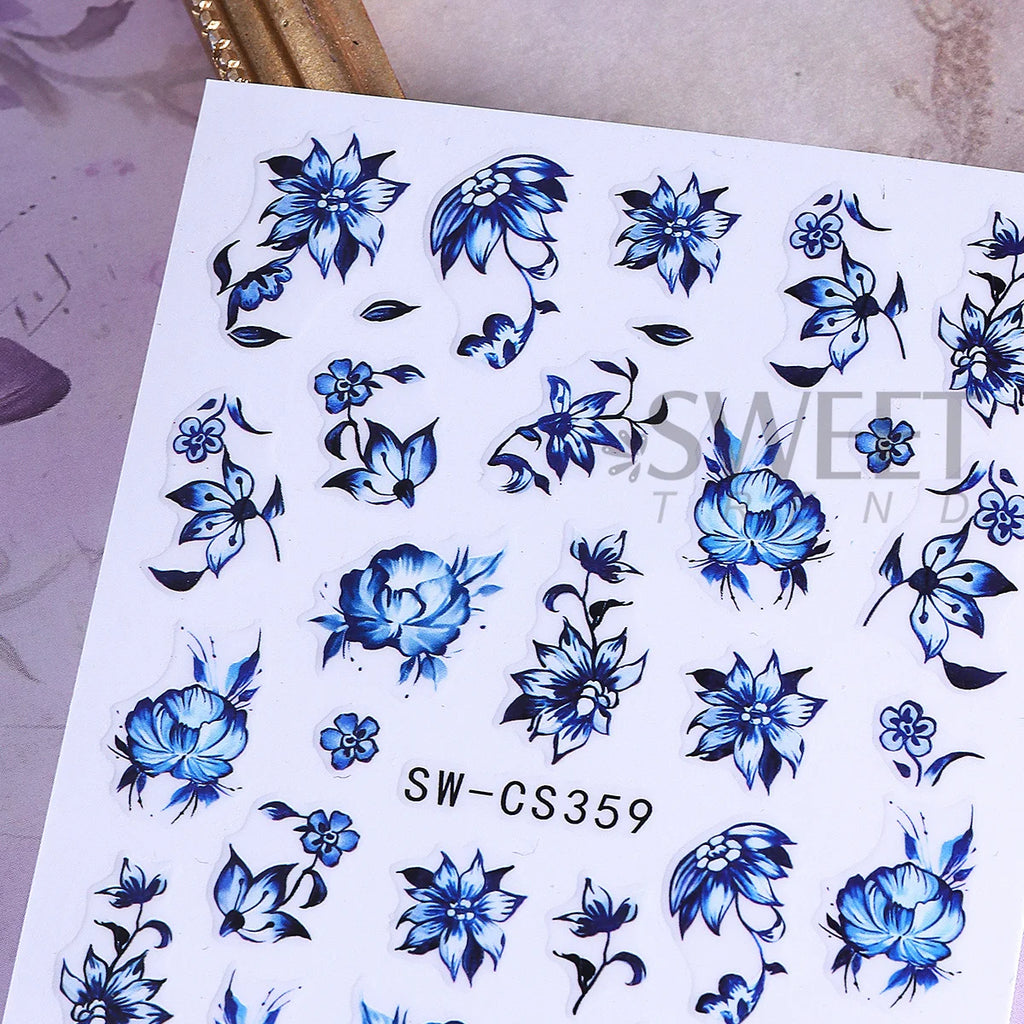 3pcs Blue White Porcelain Nail Stickers – Chinese Floral Decals Nail Art Stickers PLUSH