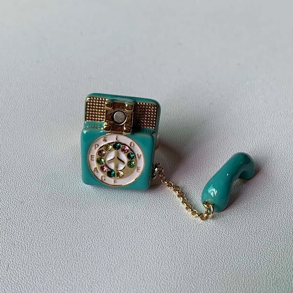 Vintage Enamel Telephone Ring | Magnetic Open Split Alloy Ring Enamel Fashion Ring PLUSH Green