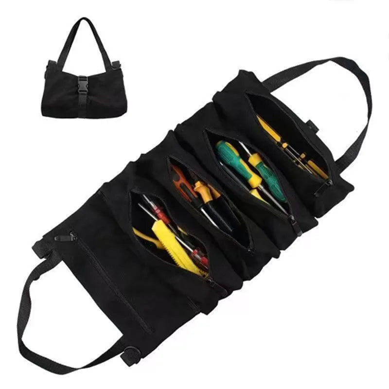 Canvas Tool Roll Up Bag – 5 Zipper Pockets Hanging Organizer Tool Roll Organizer PLUSH