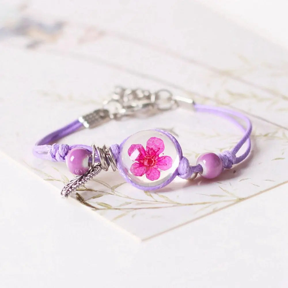 Dried Flower Braided Rope Bracelet – Leaf Clover & Gypsophila Charm Bracelet PLUSH G
