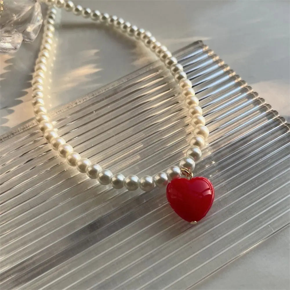 Y2K Rainbow Heart Pendant Necklace | Korean Chain Jewelry Heart Pendant Necklace PLUSH White-Red