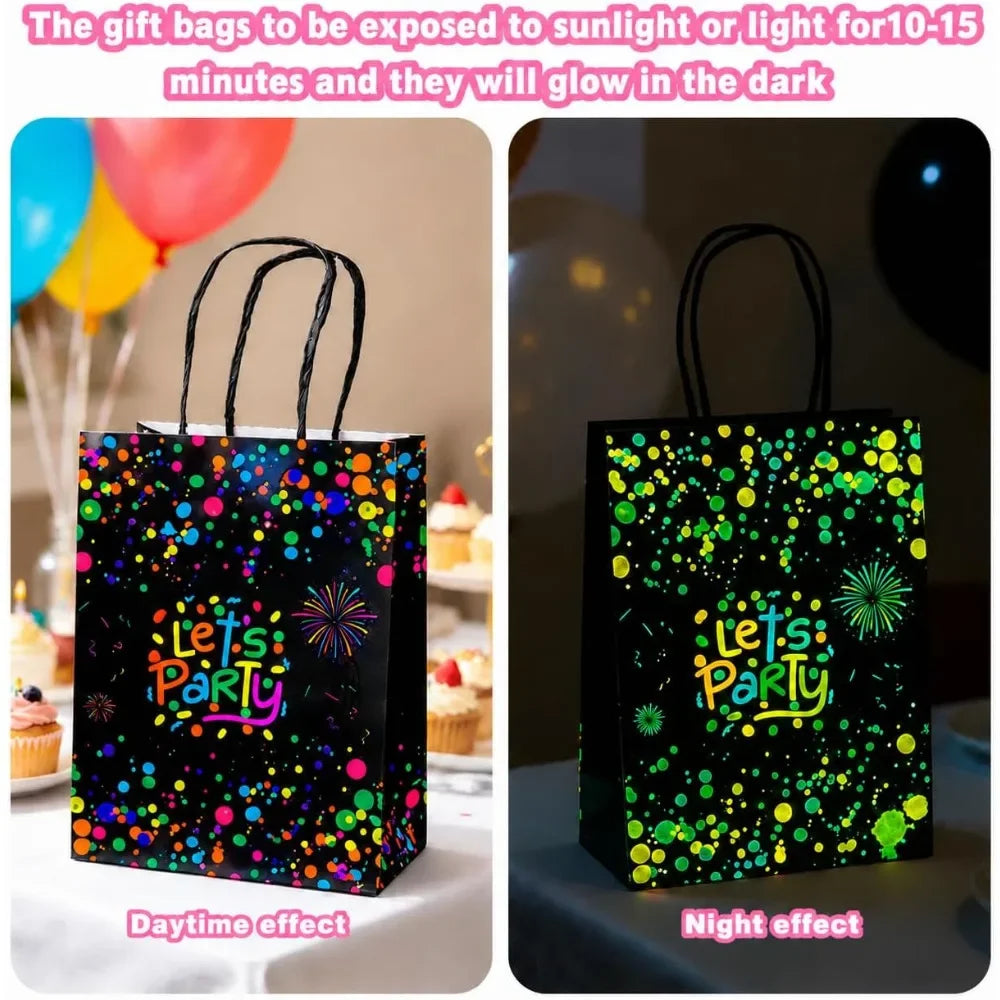 Neon Glow Party Gift Bags with Handles – Glow-in-the-Dark Tote Party Favor Bags PLUSH