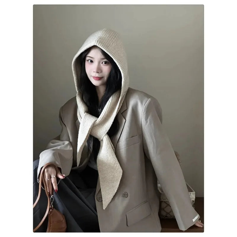 Korean Hood Scarf Knit Hat – Unisex Winter Headwear Winter Hood Scarf Hat PLUSH
