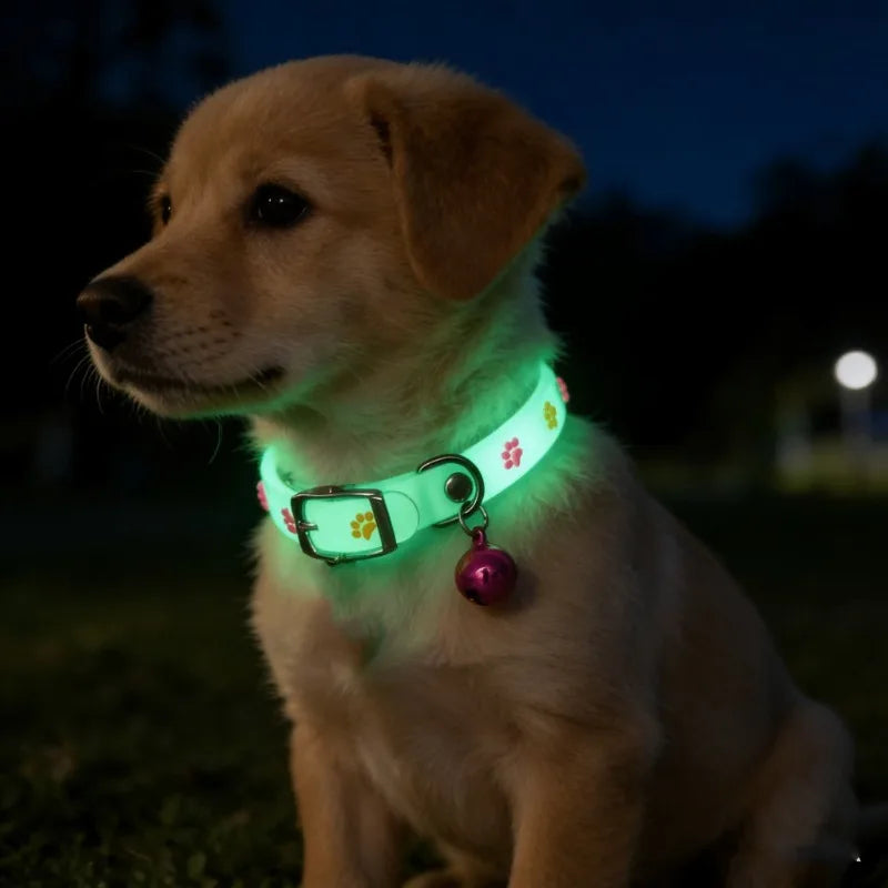 Light-Up Pet Collar with Paw Print – Glow in the Dark LED Pet Collar PLUSH