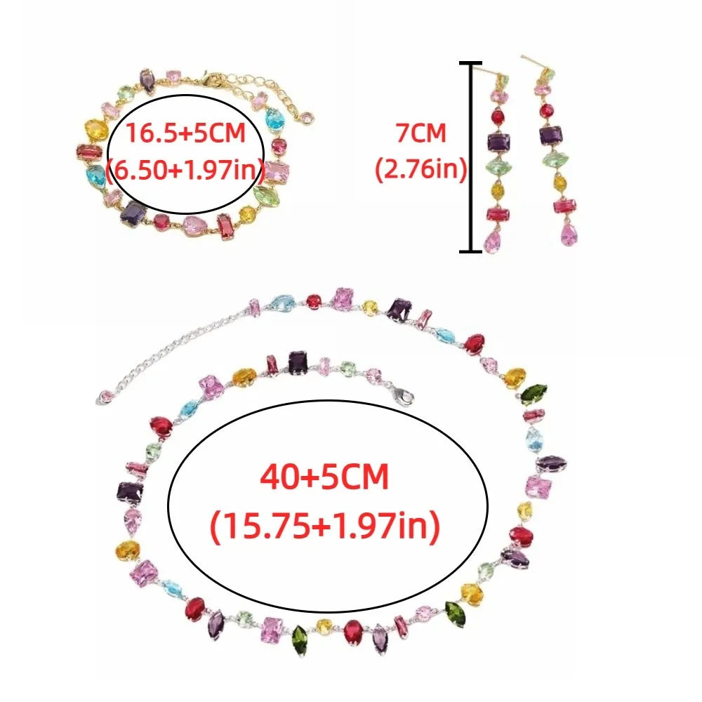 Colorful Zircon Crystal Necklace Bracelet & Earrings Set Crystal Jewelry Set PLUSH