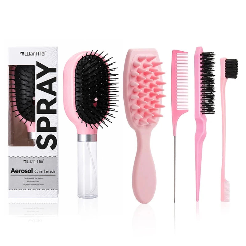Spray Air Cushion Hair Brush Kit – Detangling Massage Comb Hair Brush Kit PLUSH Pink set