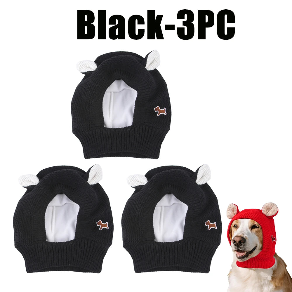 Winter Knitted Ear Muffs & Neck Warmer Hat for Dogs & Cats Pet Winter Hat PLUSH Black-3PC