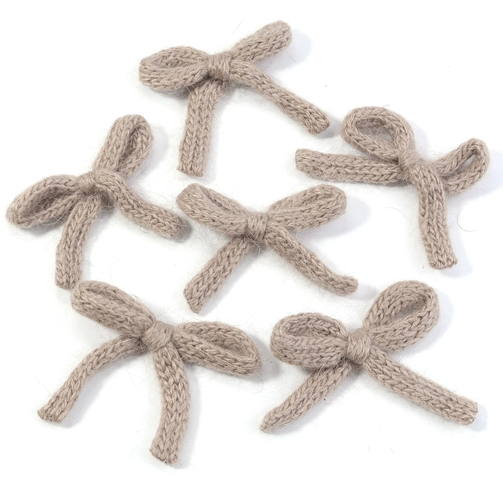 6pcs Handmade Knitted Wool Bows 5x7cm – Colorful Craft Bowknots Craft Bow Embellishments PLUSH Light Brown