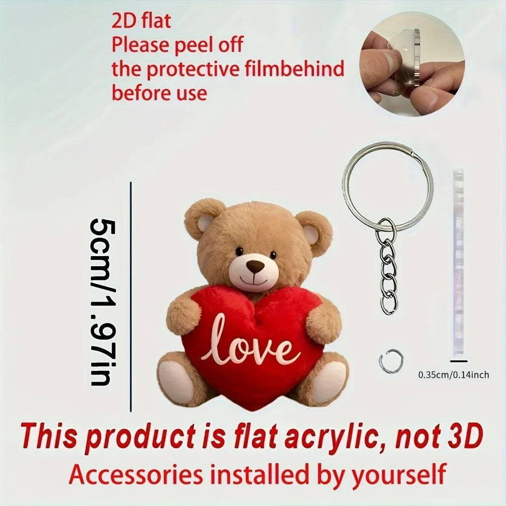 Cute Bear Acrylic Keychain | 2D Heart Bear Bag Charm Pendant Novelty Keychain Charm PLUSH