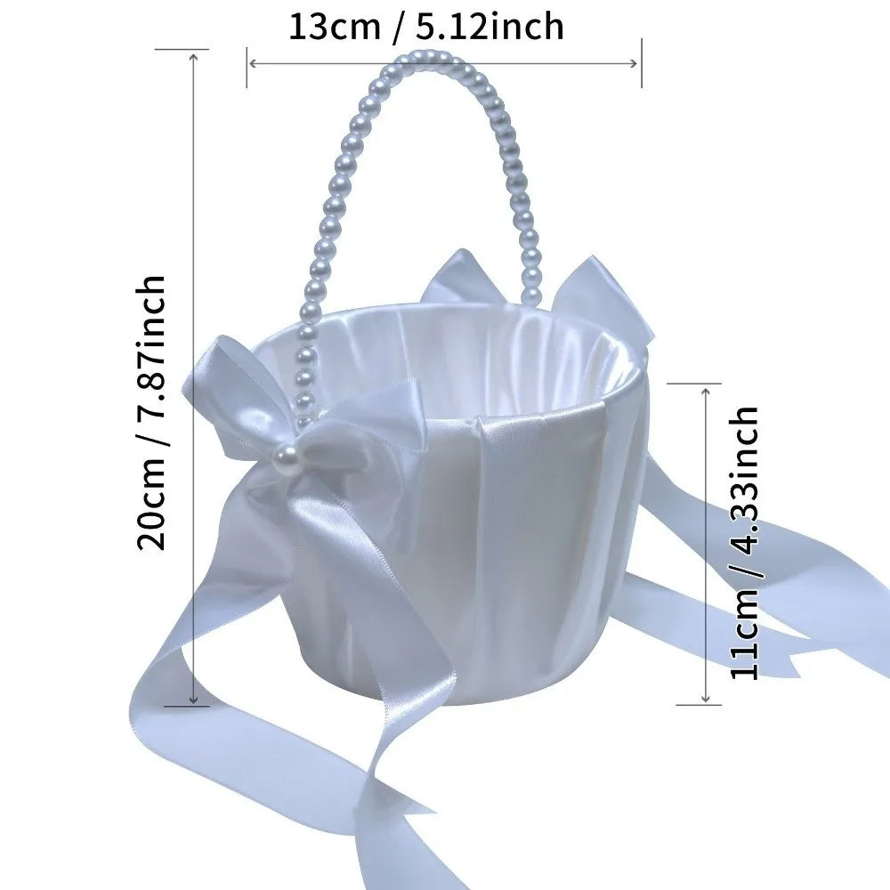 Satin Flower Girl Basket – Bowknot Pearl Handle Wedding Wedding Flower Basket PLUSH